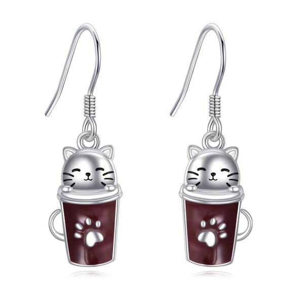 Cat Coffee Cup Earrings – Kawaii Teacup Paw Print Dangle Jewelry, New - Picture 12 of 12